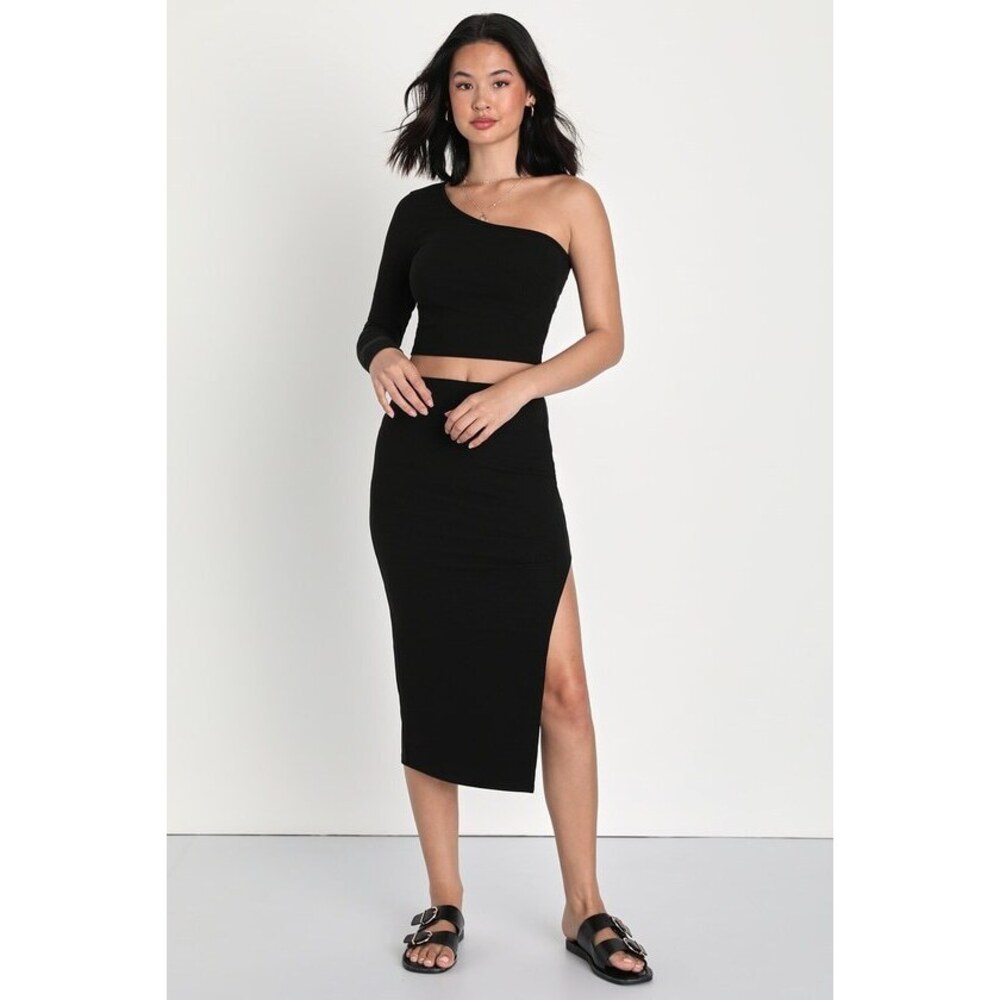 NWOT Lulus Cute Culture Black Ribbed One-shoulder 2-piece Midi Dress - Size XS